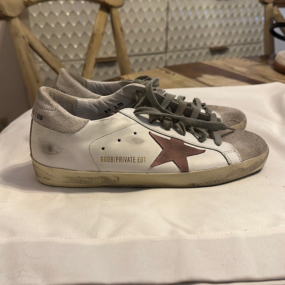 Golden Goose Superstar, white leather pink suede star, size 38 or US 8